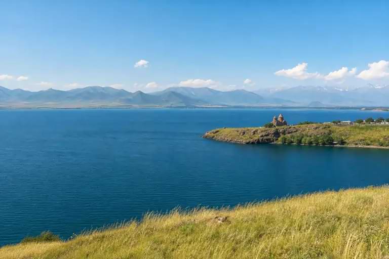 Lake Sevan highland lake and peninsula monastery in Armenia