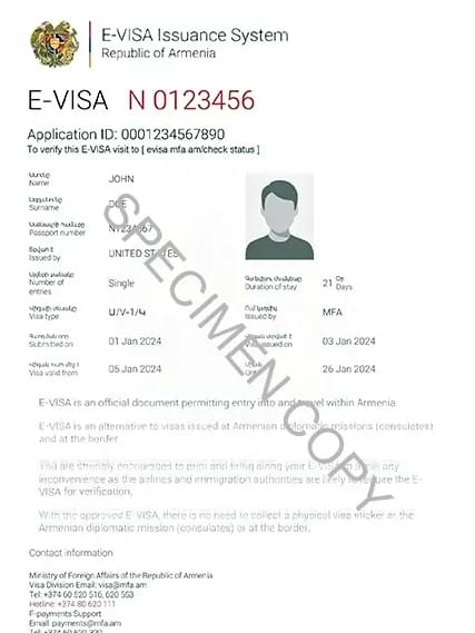 Sample Armenia e-Visa approval